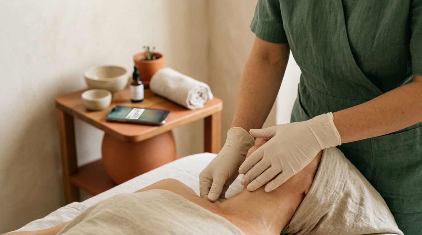 Un'estetista con i guanti massaggia una cliente sul lettino; sul tavolino accanto, il telefono mostra una notifica.